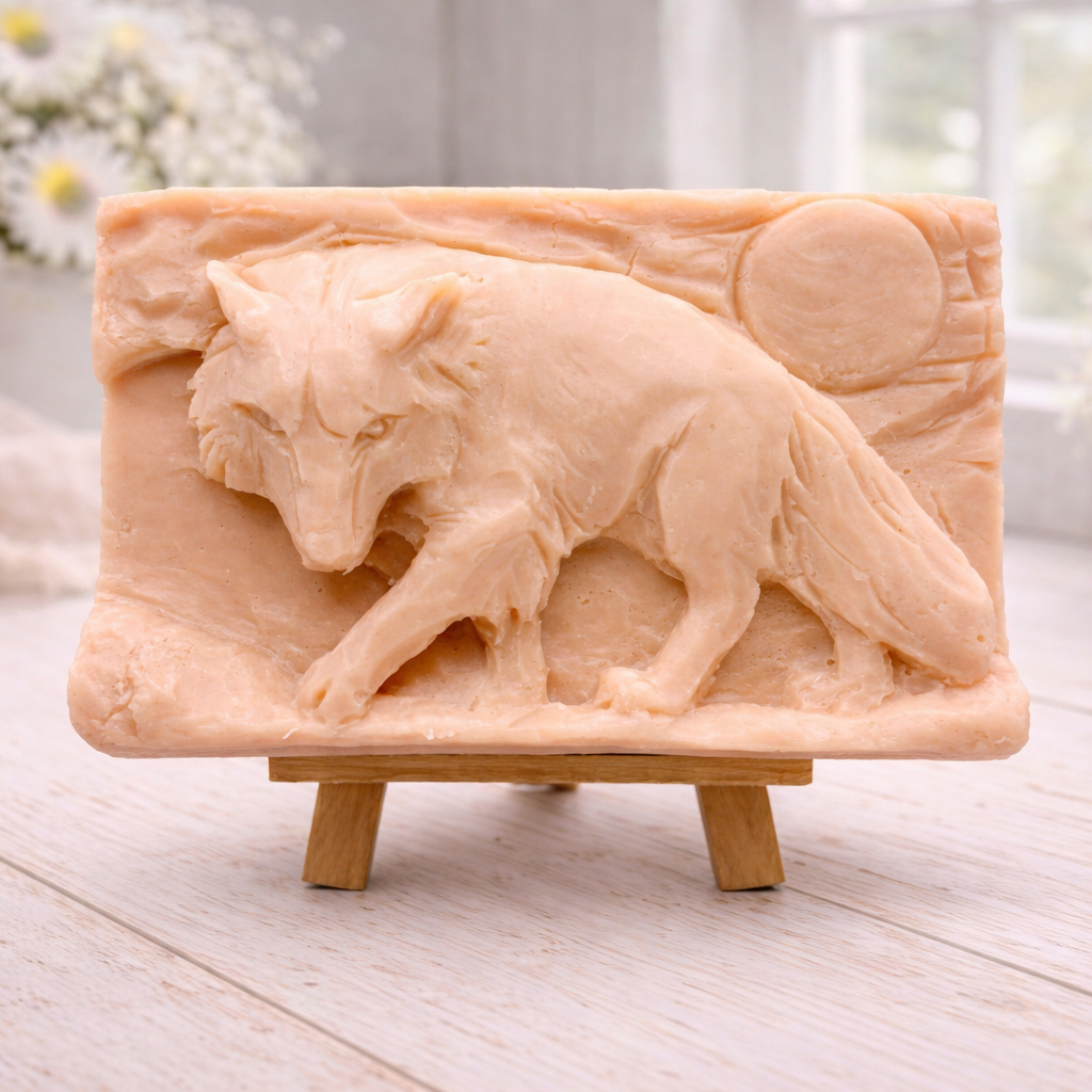 A rectangular handmade vegan soap, featuring a detailed relief carving of a wolf in mid-stride across a rugged landscape with a large full moon in the background, displayed on a miniature wooden easel.