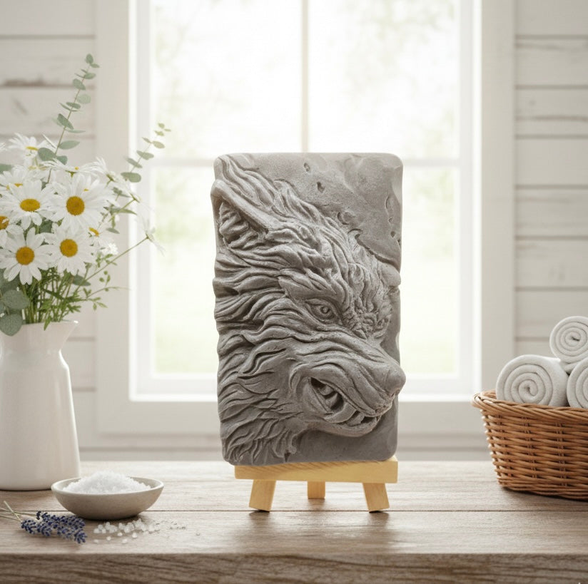 A highly detailed grey handmade vegan soap in the shape of a wolf's head, displayed on a wooden easel a bold piece of farmhouse decor from Soap Simple Creations.