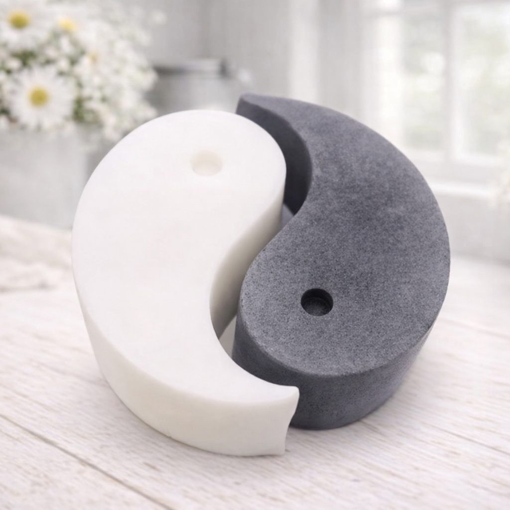A handmade vegan soap gift set featuring two interlocking teardrop-shaped bars in contrasting black and white to form a large yin and yang symbol, displayed on a light wooden surface.