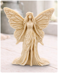 A detailed handmade vegan soap featuring an elegant fairy with large, intricate butterfly-style wings, a flowing gown, and long hair, standing against a bright farmhouse window background.